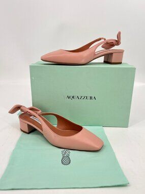 Aquazzura Very Bow Tie Sling Heels Pink Size 37.5 Leather Slip On Block Heel SB
